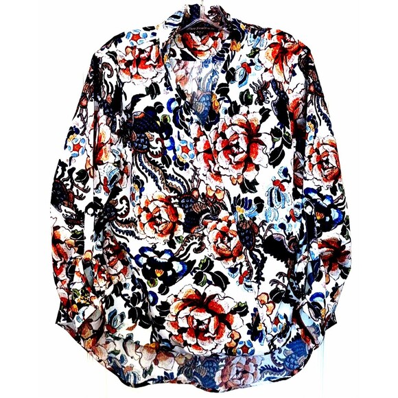 MUSHKA BY SIENNA ROSE sz L Colorful Relaxed Fit Tunic Roll Tab Sleeve Top - Picture 1 of 5